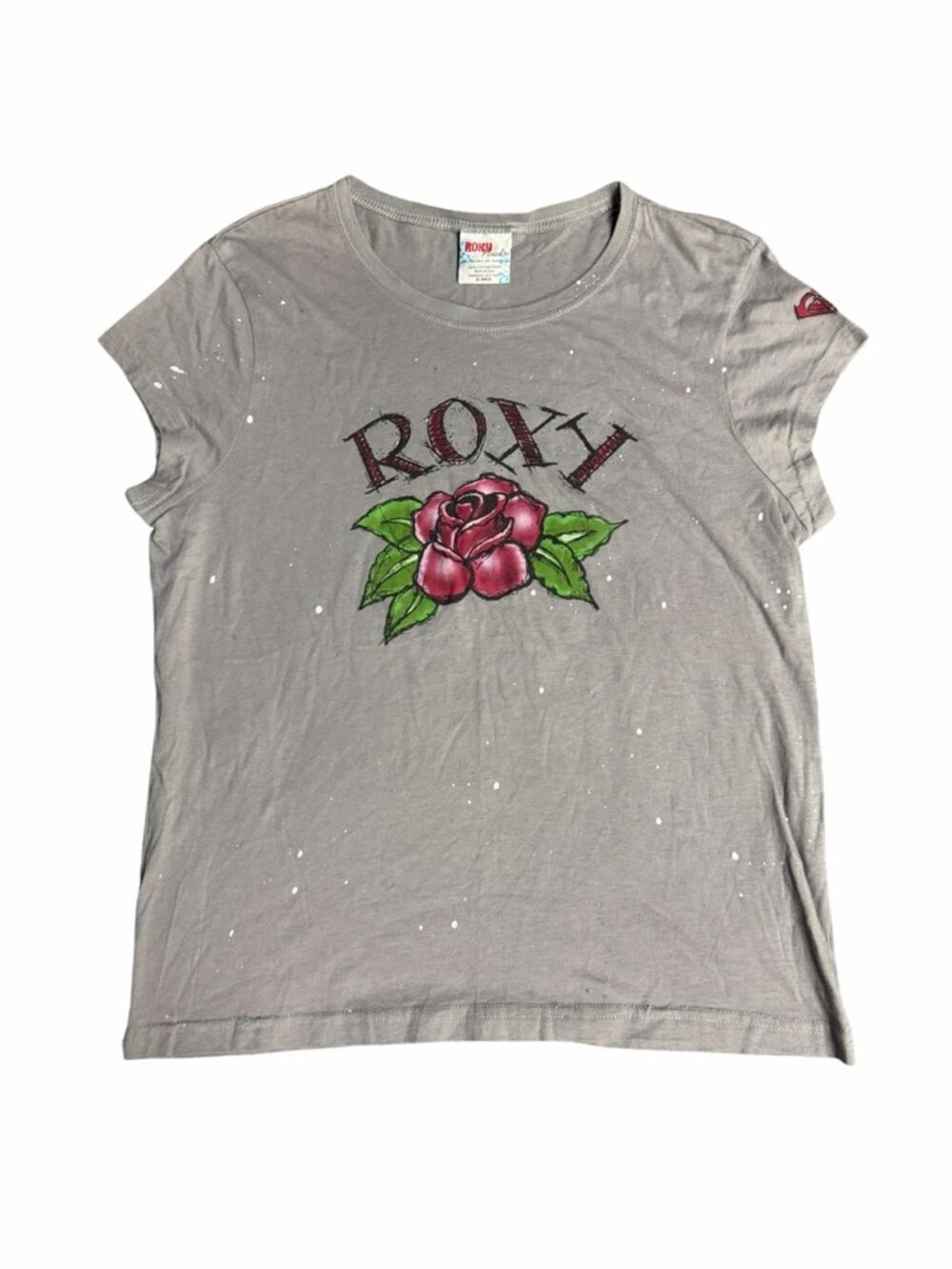 Vintage Y2K Roxy Rose Graphic Baby Tee Gray Surf Skate Coquette Top Size XL